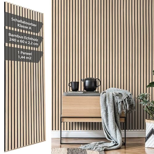 Vereg Akustikpaneele Holz 240x60 I 1er Set I 22mm hohe Bambus Paneele, KEIN MDF I 3D Wandpaneele mit Filz & Schalldämmung (Klasse A) I Wandverkleidung für Wohnzimmer, Gaming und Büro I aus Echtholz