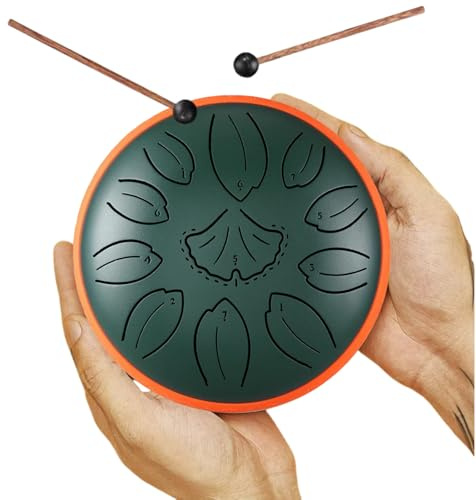 Zungentrommel 6 Zoll 11 Tönen, Steel Tongue Drum,Ginkgo Blätter Legierter Stahl, Steel Pan Schlaginstrument für Anfänger, Handpan Drum für Klangheilung Meditation Yoga (Grün)