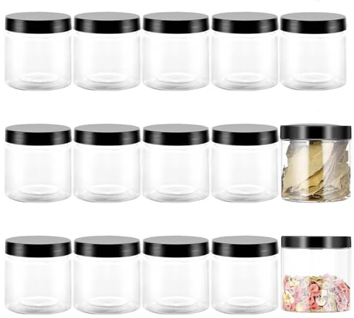 15 Pièces Pot en Plastique avec Couvercle, Bocaux en Plastique Transparent de 240 ml, Bocal de Stockage, Bocaux Epices, Petit Pot, Sans BPA, pour Cuisine, Épices, Cosmétiques, Loisirs Créatifs(Noir)