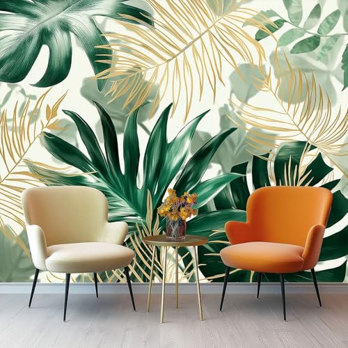 Papier Peint Panoramique 250 X 175 Cm Style De Luxe Léger 3D Papier Peint Murale Vert Monstera Feuille De Plume Doréeposter Geant Mural Personnalisé,Salon Chambre À Coucher