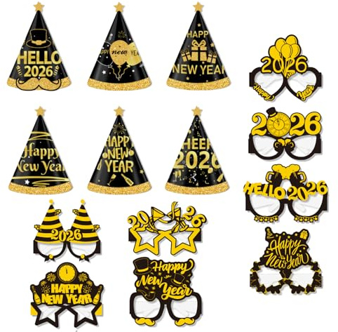 14 Stück Silvester Deko 2026 Partybrille und Partyhüte Set,Happy New Year 2026 Neujahr Brille Neujahr Hut Neujahrsdeko Silvesterdeko Party Foto Requisite für Silvester Party Dekoration Accessoires