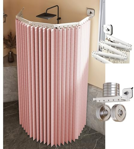 Barra de cortina de ducha plegable y cortina impermeable, barra de ducha de esquina montada en la pared con ventosas, diseño que ahorra espacio (rosa, 4 pliegues)