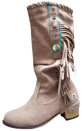 VBEDKDEB Stövlar dam halvhöga stövlar dammode retro tofs överstövlar tjock klack casual stövlar med medelvad gummibåt, kaki, 36 EU