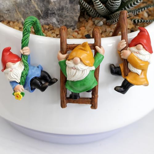 Huipalon Mini Gnome Plant Ornament 3-Pack Resin Climbing Gnome Figurines Flower Pot Hugger for Planters, Fish Tank Edges & Garden Ornaments