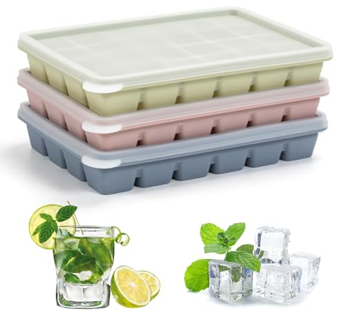 Kanzith Eiswürfelbehälter mit Deckel, 24 Fach Quadratische Eiswürfelform | 3 Stück BPA Frei & Wiederverwendbar Silikon Eiswürfel Mit Deckel für Kaffee Eiscreme(2 * 2 * 2cm)