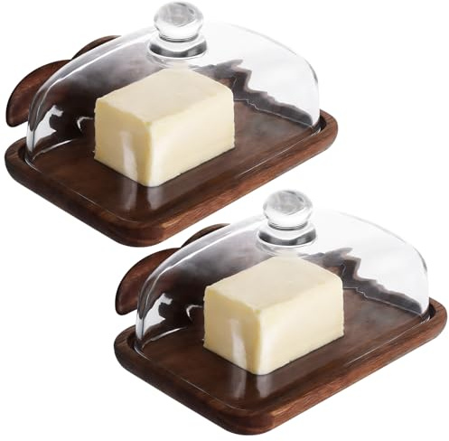 MEIDIV Set of 2 Butter Dish with Glass Lid, 18x13x9.5CM Wooden Butter Cheese Tray, Cheese Dish with Lid, Dessert & Pastry Serving Platter Kitchen Storage