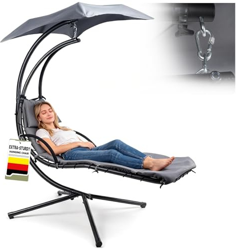 Huracan Schwebeliege mit Sonnendach, Hängematte mit Gestell, Sonnenschirm Hängeliege, Schaukelliege mit Kissen & Stabiler Standfuß, Relaxliege Hängesessel für Garten, Wohnzimmer, Balkon, Grau