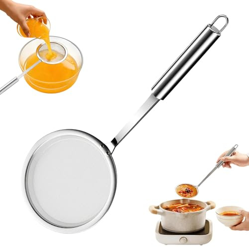 100 mesh stainless steel extra ultra fine fat skimmer spoon, very fine mesh strainer scoop,slotted ladle with holes, kitchen cooking utensil for frying,fryer,sauce,oil and grease