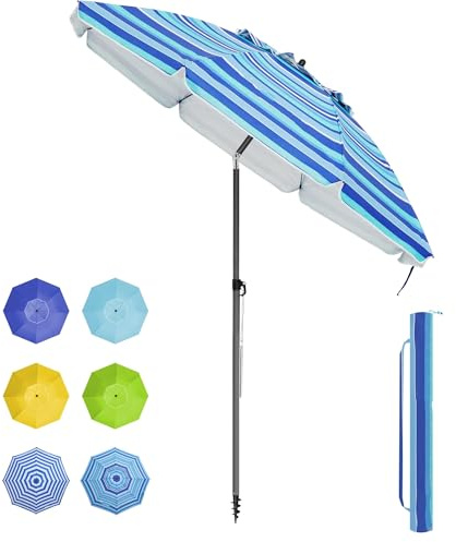 BelleMax Parasol de Plage Exterieur, avec ancre de sable 12 cm & Sac de Parasol, Inclinable sur 30°, Hauteur réglable, pour Balcon, Plage, Terrasse, Protection Solaire UV50 +,Rayures Tiffany,200 cm