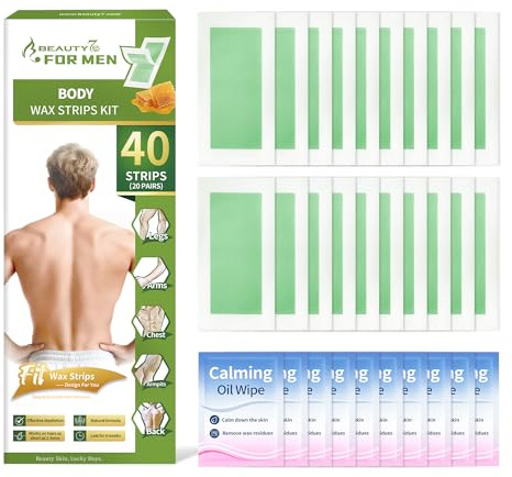 Beauty7 Bandas de Cera Fría para Hombre 40 Bandas (20 Pares) con 10 Toallitas Post-Depilación con Aceite Calmante, Depilación Corporal para Espalda, Pecho, Piernas, Brazos y Axilas