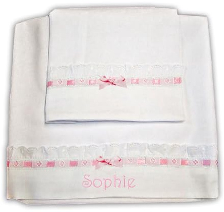 Zigozago - 3-teiliges Baby Bettwäsche Komplett Set Elegant mit Sangallo Spitze - 100% Baumwolle, handgefertigt, bestickt und mit Namen personalisierbar