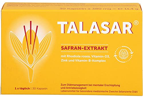 TALASAR – Safran Kapseln 30 Stück – Plus-Formel mit Rhodiola rosea, Vitamin B-Komplex, Vitamin D3 & Zink – Mit 30mg Saffron-Extrakt für innere Unruhe – Made in Germany vegan, glutenfrei & laktosefrei