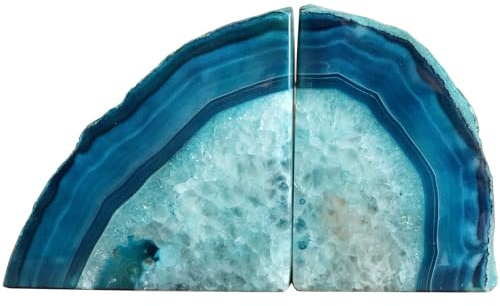 AMOYSTONE Große Achat-Geoden-Buchstützen, Robuste Stein-Dekoration für Heimbüro, Mit Gummipuffern, Blaugrün, 1 Paar, 1,8-2,7 kg