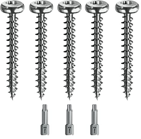 Spax Holzschrauben-SET Vollgewinde + Torx Bit | 5 Größen: 3,5x30; 4x40; 4,5x45; 5x60; 6x80 | WIRROX Silber