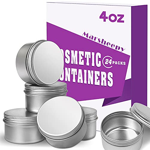 24 Pack 4 oz Aluminum Balm Tins For Pill Storage, Jar Containers with Screw Thread Lid for Lip Balm, Cosmetic, Salve, Aluminum Tin Cans Containers for Candle Making
