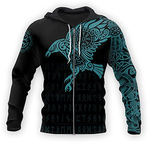 JJLLAZAD Wikinger Herren Hoodie Raven 3D-Druck Harajuku Lässiger Lockerer Reißverschluss Hoodie Streetjacke Herbstmode Pullover,Crow Cyan Zip Hoodie,XL