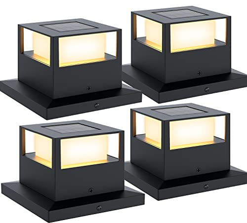 4 Pack Outdoor Solar Post Cap Lights, 20 Lumen High Brightness Waterproof LED Fence Post Solar Lights with Base for 4x4 5x5 6x6 Wooden ,Black