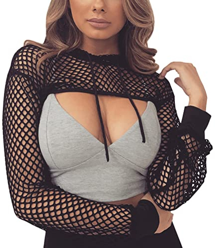 ORANDESIGNE Sudadera Corta de Mujer Sudaderas Ultra Cortas Jersey de Manga Larga Cuello Redondo Camisas Recortadas con Capucha de Hilo De Red Top Corto de Color Liso Y2k Streetwear D Negro S