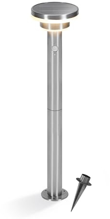 Esotec Solar Wegeleuchte Standleuchte Bewegungsmelder Modena 85, PIR 102755 | Solar Wegeleuchte Ø16x85cm, PIR 120°/6-8m, 3000K, 20-600lm, 3 Modi, 1,8Wp Solarmodul, LiFePO4 Akku wechselbar, Edelstahl