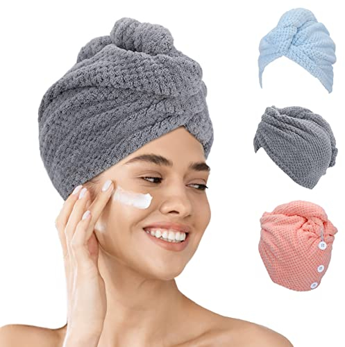 FREATECH 3 Piezas Toalla Microfibra Pelo, Toallas para Secar el Pelo sin Encrespamiento, Menos Secado con Secador, Turbante Pelo Suave y Absorbente con 3 Botones para Cabello Largo, Rizado y Grueso
