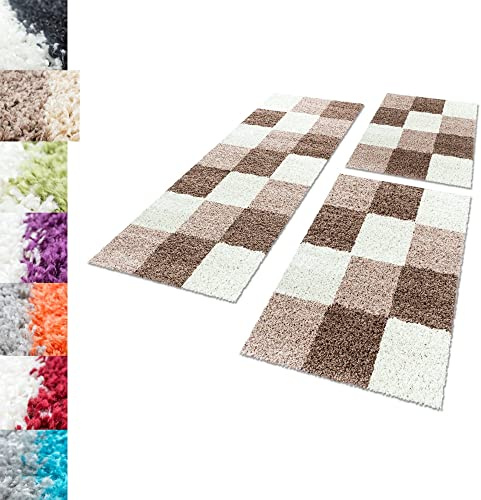 Carpettex Bettumrandung Schlafzimmer 3teilig Shaggy Teppich Hochflor Karo Muster Mocca Bettset:2 mal 60x110 + 1 mal 80x250 - Bettvorleger Schlafzimmer Läuferset Weicher Langflor Bettumrandung Teppich