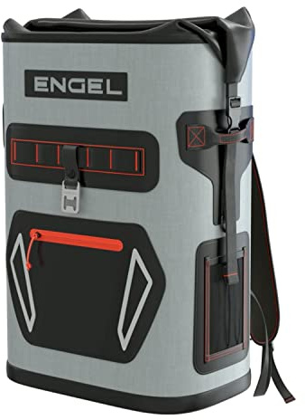 Engel 23.7 L Insulated Cooler Backpack - Roll-Top Waterproof Picnic Backpack for 4 - Thermal Lunch Cool Bag for Hiking, Beach, Camping - Rucksack Keeps Cool Up To 3 Days - Light Gray/Red