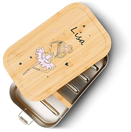 GRAVURZEILE Brotdose aus Edelstahl mit bedrucktem Bambusholzdeckel - Lunchbox mit Ballerina Motiv - Personalisiert mit Name - Geschenk für Kinder zum Schulanfang - Größe: Groß