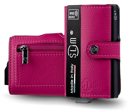 SLim Porta Carte di Credito Schermato Portafoglio Uomo Rfid Portatessere Anticlonazione Donna Portacarte Uomo (Bottalato Fucsia, Con Zip)