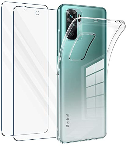 Vauki Funda para Xiaomi Redmi Note 10 4G/10S 4G con 2 Protector de Pantalla,Carcasa Silicona Transparente Suave y Cristal Templado,Ultra Fina TPU Antigolpes Case Cover para Redmi Note 10 4G 6.43