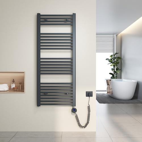Heilmetz Radiateur sèche-Serviettes électrique 120x50cm avec Thermostat Digital avec Fonction minuterie Sèche-Serviettes Droit Anthracite 500W