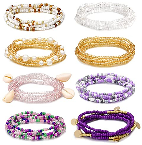 RLMOON 27.5 Inch Waist Beads for Women Layered Belly Bead Chain African Body Chain Small Size Waist Beads Colorful Waist Jewelry（8PCS)