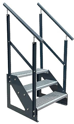 Kaminbau Mierzwa Premium Treppe Anthrazit Freistehend 3 Stufen(Verzinkt) beidseitigem Geländer (Breite 1000 mm) (Höhe 57cm) Wetterfest Gitterroststufe Gartentreppe