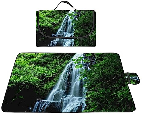 TengYuer Picknickdecke 180x200cm Stranddecke Wasserdicht Sandfrei Isoliert Faltbar Strandmatte mit Tragegriff Outdoor Campingdecke XXL für Camping Parks Strände Picknick GrüNer Wasserfall