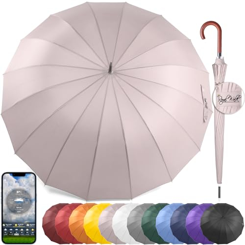 Royal Walk Groß XXL 54 inch Automatik Reise Golf Regenschirm für Damen und Herren Sturmfest Windsicher Leicht Klassisch für 2 Personen Holzgriff Wasserabweisend 16 Rippen Unisex 120cm
