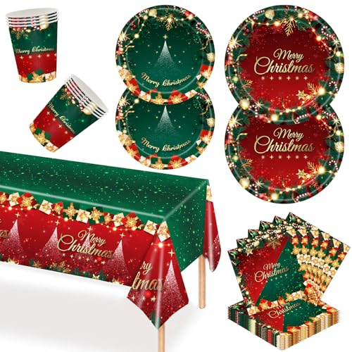 POPOYU 69 Pièces Vaisselle en Papier de Noël, 1 x Nappe de Table,16 x Assiettes à Dîner & 16 x Assiettes à Salade, 16 x 250ml Tasses, 20 x Serviettes, Rouge et Vert Vaisselle de Fête de Noël