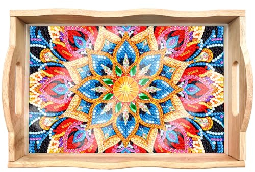 Starnearby Essen Tablett Diamond Painting Serviertablett mit Griffen Holztablett Rechteckig Diamant Malerei Crystal Art Dekotablett Küchentablett Frühstückstablett Geschenke für Frauen Familie(A)