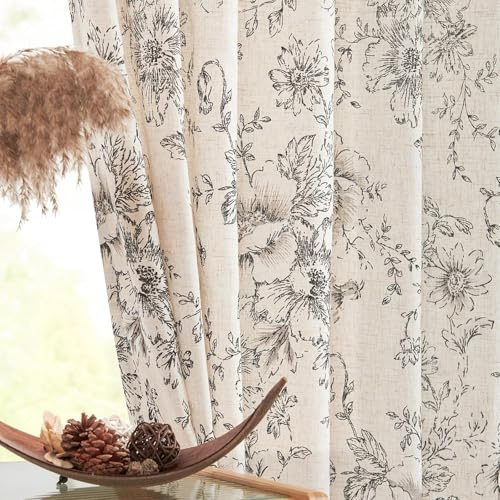 jinchan Linen Blend Curtain Floral Curtains for Living Room 90 Inch Length Black Printed Curtain Rod Pocket Back Tab Farmhouse Peony Flower Patterned Drapes Bedroom Window Curtains Set 2 Panels