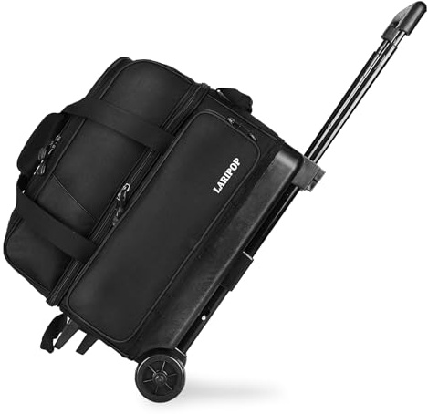 LARIPOP Bowlingväska med dubbla rullar med 2 bollar, med ett separat stort skofack, ett teleskophandtag i 3 delar som sträcker sig upp till 102 cm, Svart, 16-size-bowling-shoes