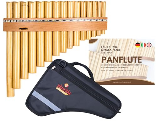 Plaschke Panflöte, Holz-Riemen Design, Set Tasche und Lehr-Buch 15 Töne G-Dur