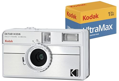 Kodak EKTAR H35N Halbformat-Filmkamera-Set mit Kodak Ultramax 400/24EXP 35 mm Rollfilm (gestreift, Silber, Bündel)