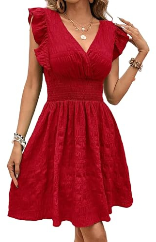 Juketron Vestidos Cortos Elegantes para Mujer, Vestido Informal Ajustado Rojo sin Mangas para Vacaciones y Playa, Vestidos Acampanados a la Moda con Cuello en V 2024