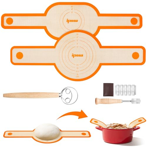 Set de 9 Supports de Cuisson en Silicone pour Dutch Oven avec Fouet à Pâte et Lame à Pain, Antiadhésif, Facile à Nettoyer et Réutilisable, Tapis de Cuisson Épais avec Poignées Longues - Orange