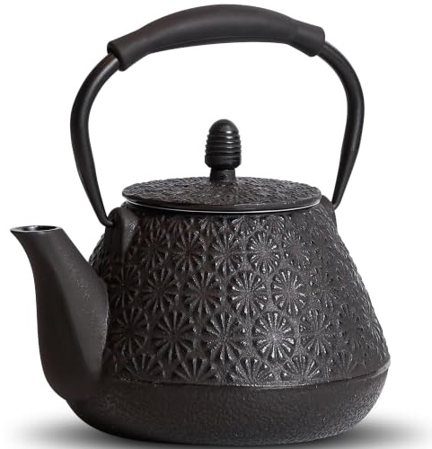 GUANGHEIRON Teiera in ghisa, bollitore da tè con infusore per piano cottura, motivo Sakura Blossom Teiera giapponese per tè e caffè rivestita con interno smaltato, manico in silicone, 950 ml, nero