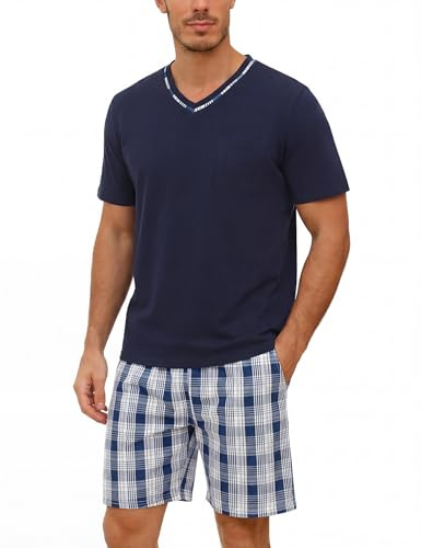 Demegimi Ensembles de Pyjama Homme Vêtements de Détente à Manches Courtes col V Été Coton Manches Courtes Vêtements de Nuit Chemise col V Manches Courtes Pijamas(Bleu Foncé+Bleu,S)