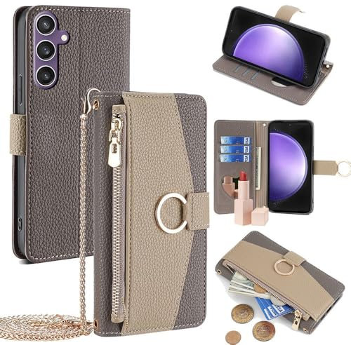 Ciciber Ttusy Hülle für Samsung Galaxy A55 5G mit Band Metallkette, Leder Flip Wallet Handyhülle mit Magnetischem Reißverschluss und Ständer Handykette Kartenfächer Spiegel Folio, Grau