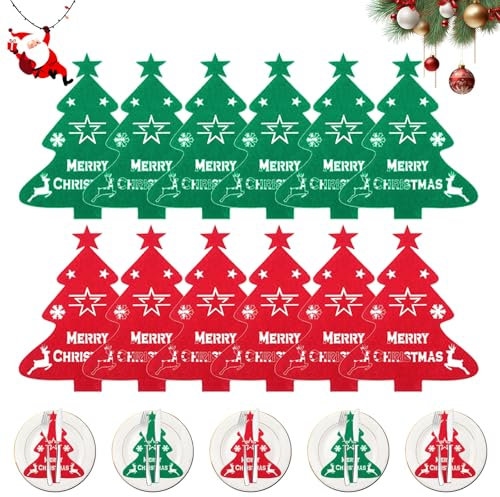 NEERIX 12 Stück Besteckhalter Weihnachten Filz,Festliche Besteckhalter Weihnachten im Weihnachtsbaum Design,Weihnachtsdeko für Messer,Gabeln & Löffel,Party & Festtags Essen(Grün, Rot)