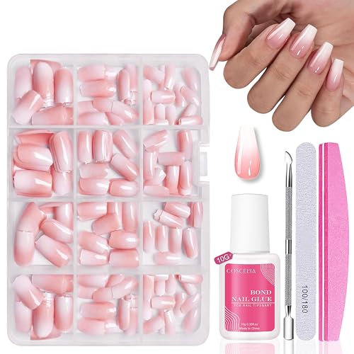Nagel Tips Set - 240 Stück Französisch Falsche Nägel Zum Aufkleben - Weiß Rosa Gradient Design Nageltips Full Cover Fake Nails soft gel Natürliches & Angenehmes Tragegefühl (Rosa Kurz Ballerina)