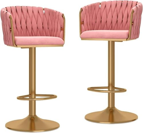 Gepolsterter Drehhocker aus Samt, 2 Stück, verstellbare Barstühle mit Rückenlehne, goldfarbene Metallbeine, ideal für K-Insel oder Bartheke (Rosa)