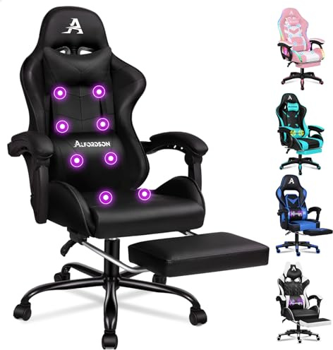 ALFORDSON Gamer-stol, spelstol med infällbart fotstöd, racingfåtölj med 8 massagepunkter, 150° lutning, ergonomisk kockfåtölj, PU-läder, höjdjusterbar, 180 kg lastkraft, svart