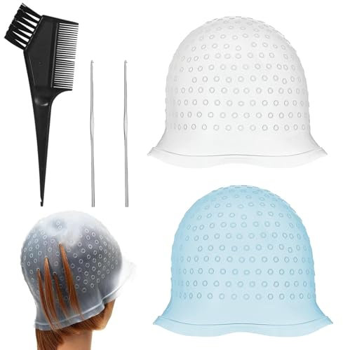 keyxer 2 Pièces Bonnet à Mèches, Casquette pour Coloration Avec 2 Aiguille à Crochet en Metal et Pinceau Coloration Cheveux, Bonnet à Mèches en Silicone Réutilisable pour Cheveux de Coloration